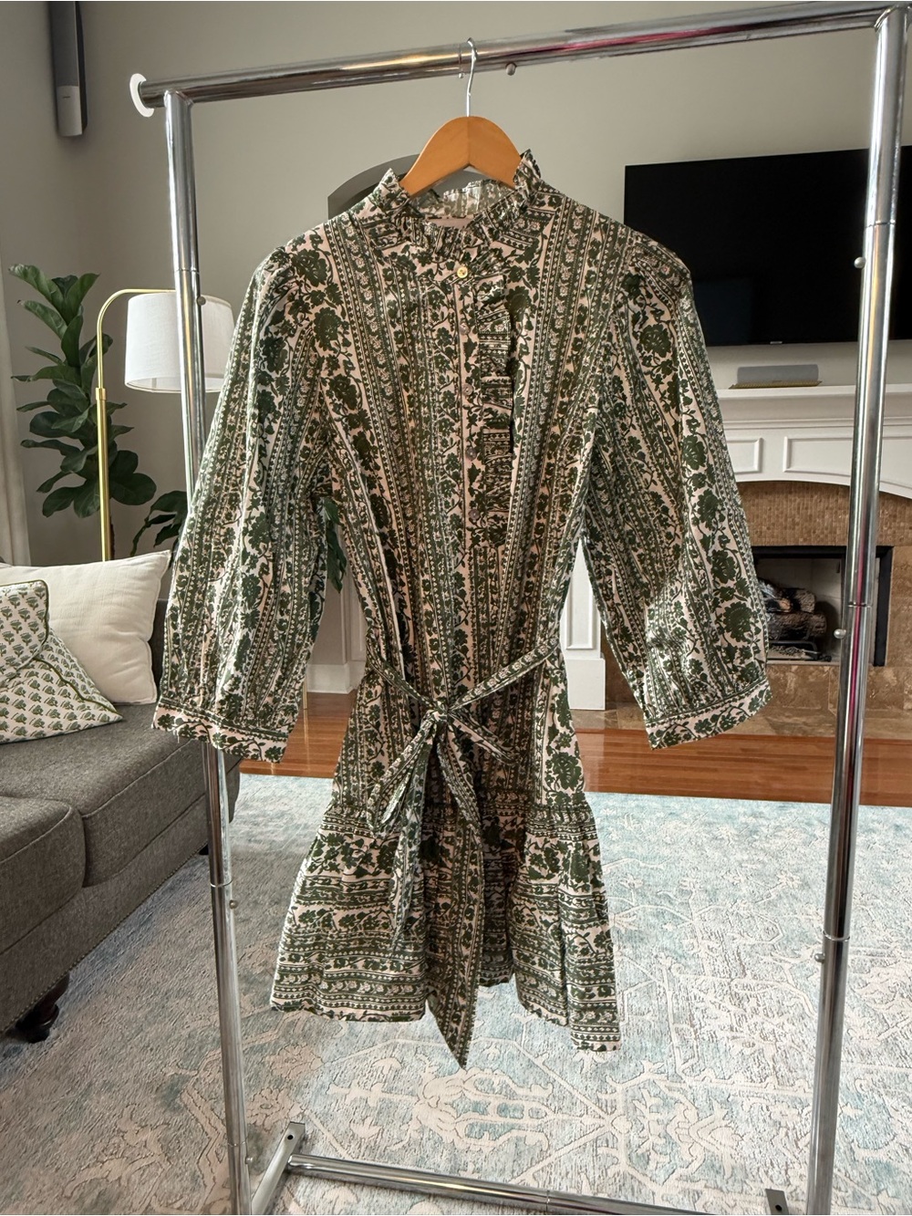 Green Printed Tie-Waist Women’s Dress